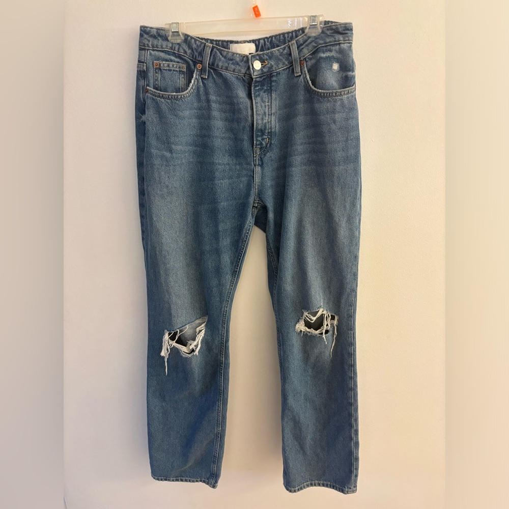 H & M wide-leg ripped medium blue women’s jeans, size 12. Button fly. EUC